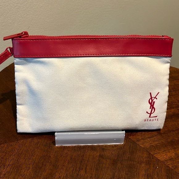 YSL Beaute Wristlet  cosmetic case/pouch fabric  Ivory cream/red trim & logo NWO - Picture 1 of 13